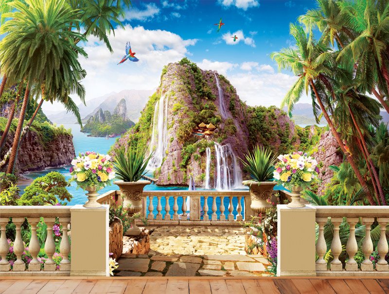 Wallpaper of a balcony with a view of islands in the sea