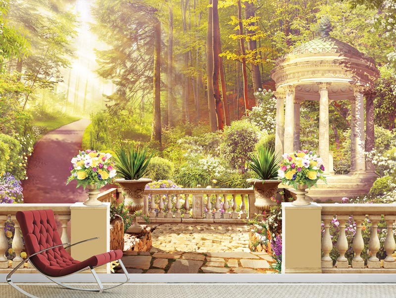Wallpaper of a beautiful balcony with a beautiful view of a magical forest