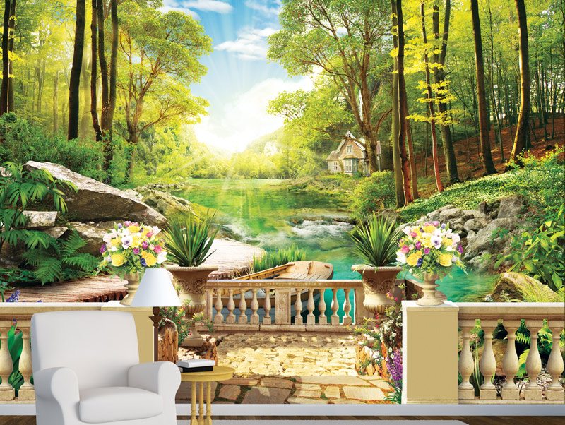 Wallpaper of a balcony with a beautiful view of a river in a green forest