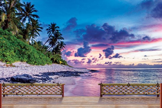 Wallpaper of a wooden balcony with beautiful views of a beach and purple sky