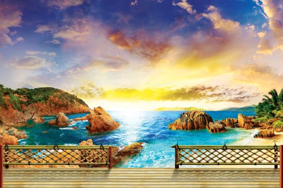 Wallpaper of a wooden balcony with a sunset view of the sea