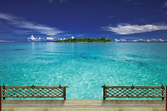 Wallpaper of a wooden balcony with sea view