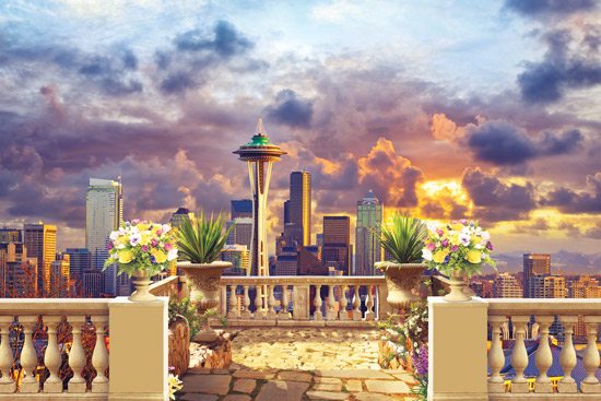 Wallpaper of a balcony with views of Seattle