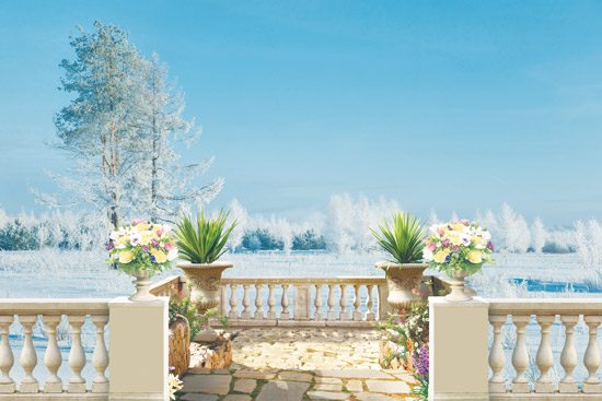 Designed wallpaper of a balcony with a view of snowy trees