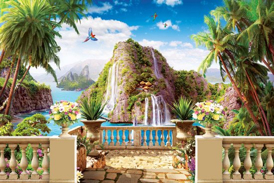 Wallpaper of a balcony with a view of islands in the sea