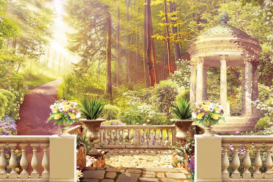 Wallpaper of a beautiful balcony with a beautiful view of a magical forest