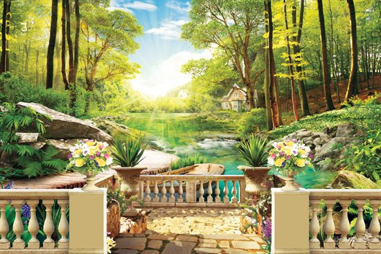 Wallpaper of a balcony with a beautiful view of a river in a green forest