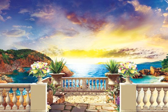 Wallpaper of a beautiful balcony with sunset view at the sea