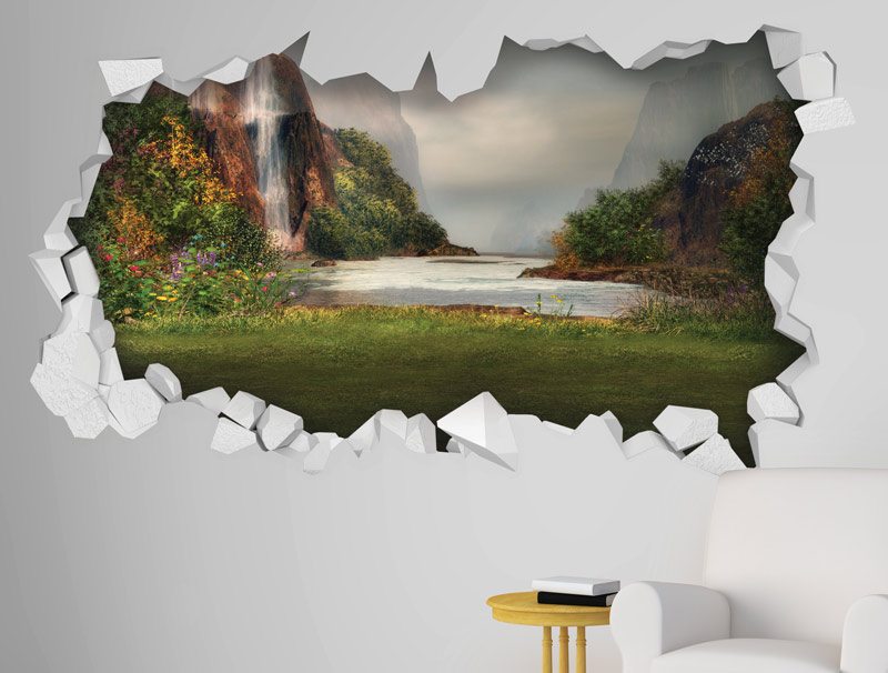 Wall Sticker | Hole wall with view of a lake with waterfalls