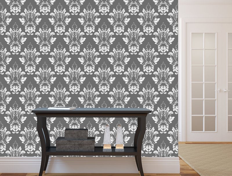 Wallpaper in a Victorian-gray-white design