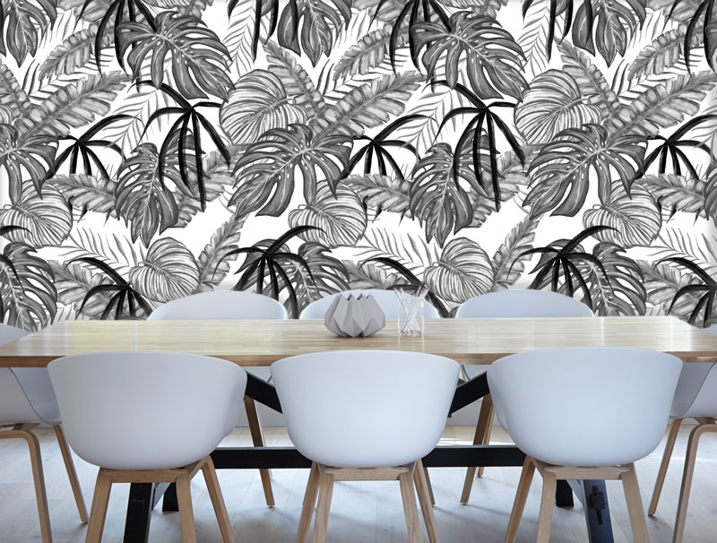 Wallpaper - leaves painted in grayscale