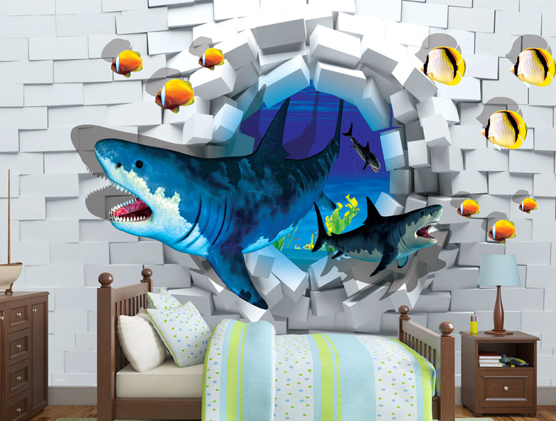 Wallpaper of sharks breaking out of the wall