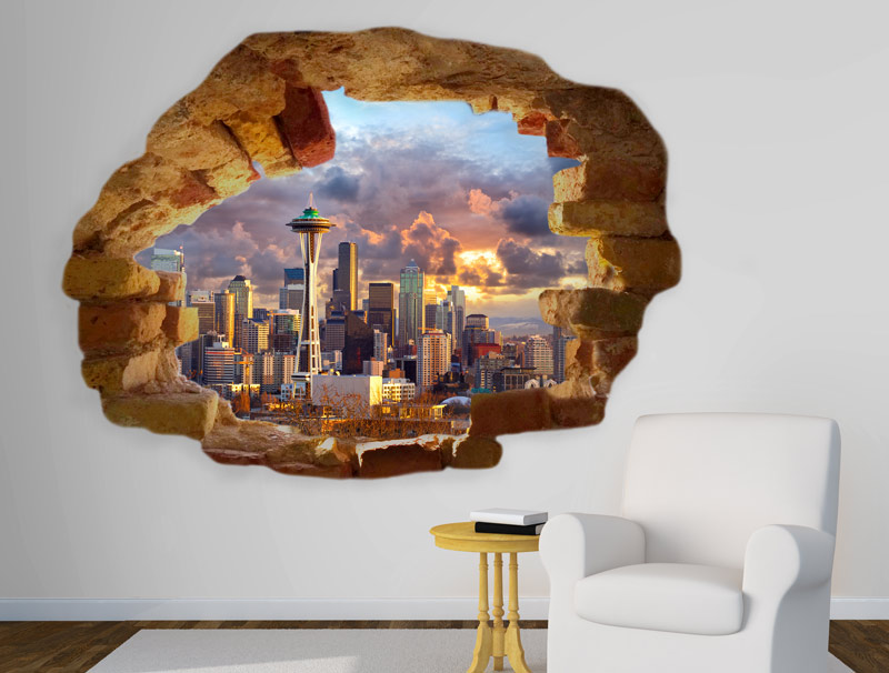 Sticker of the hole in the wall with the view on New York City