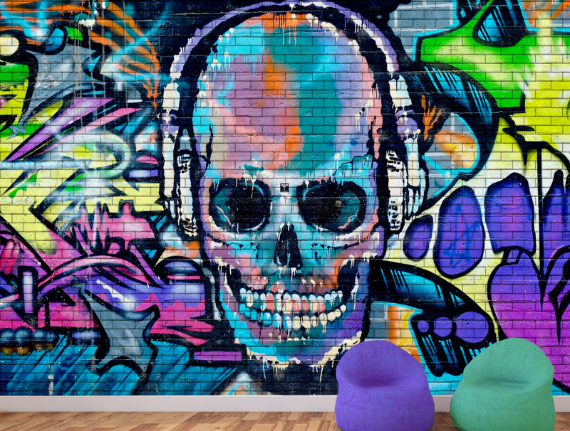 Brick wallpaper with a graffiti of musical skeleton