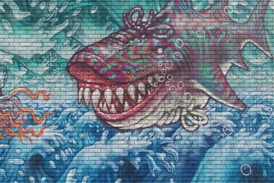 Bricks wallpaper with shark graffiti