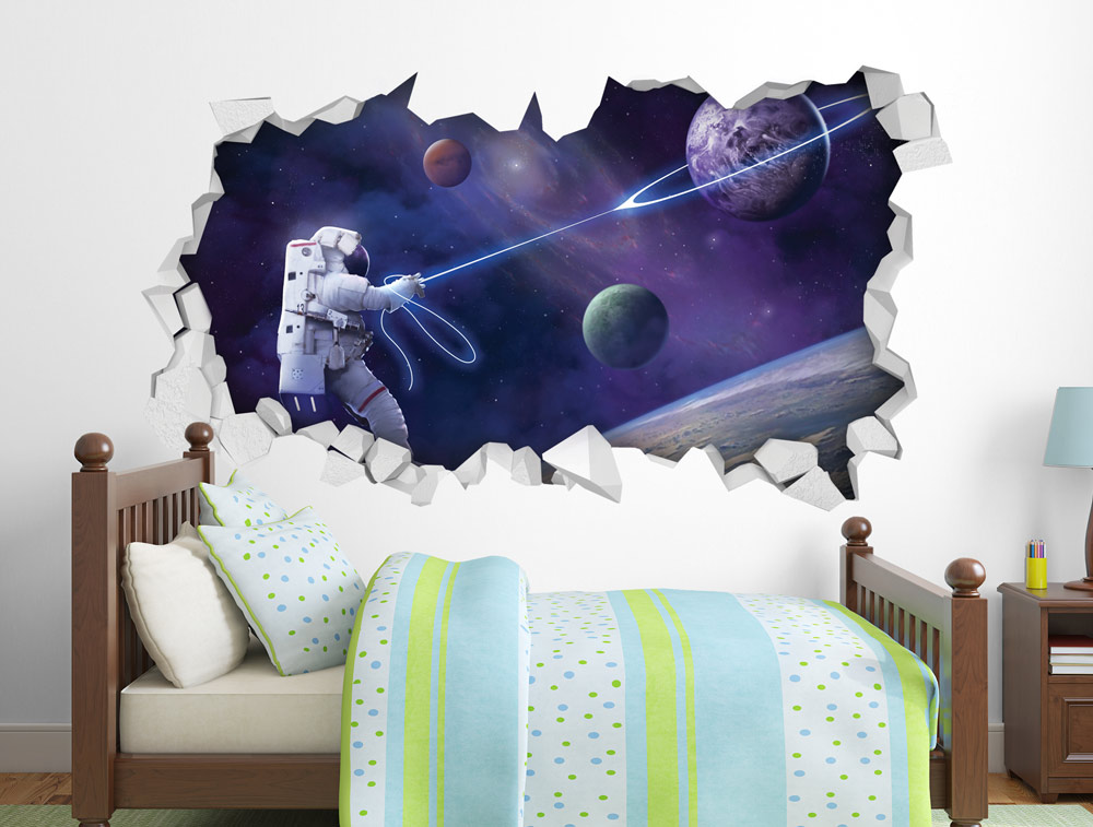 Wall Sticker - A three-dimensional hole astronaut catches a planet