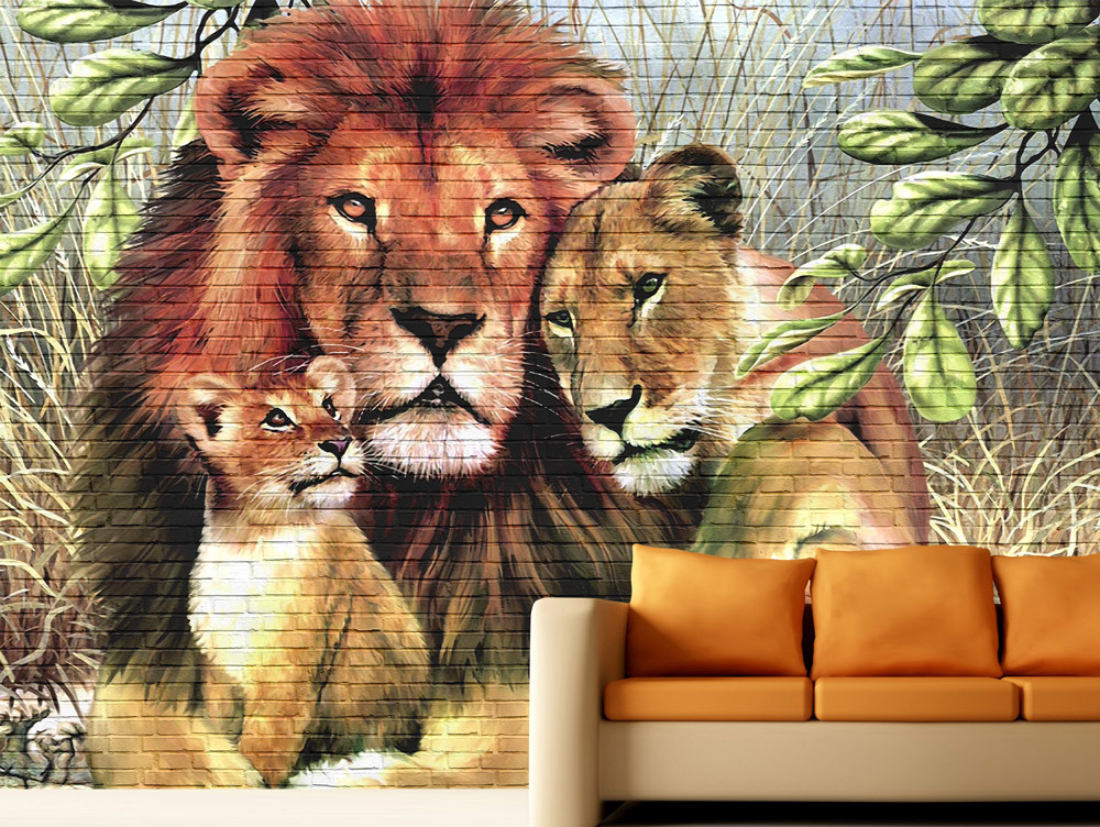 Wallpaper | Graffiti of a lion family on a brick wall