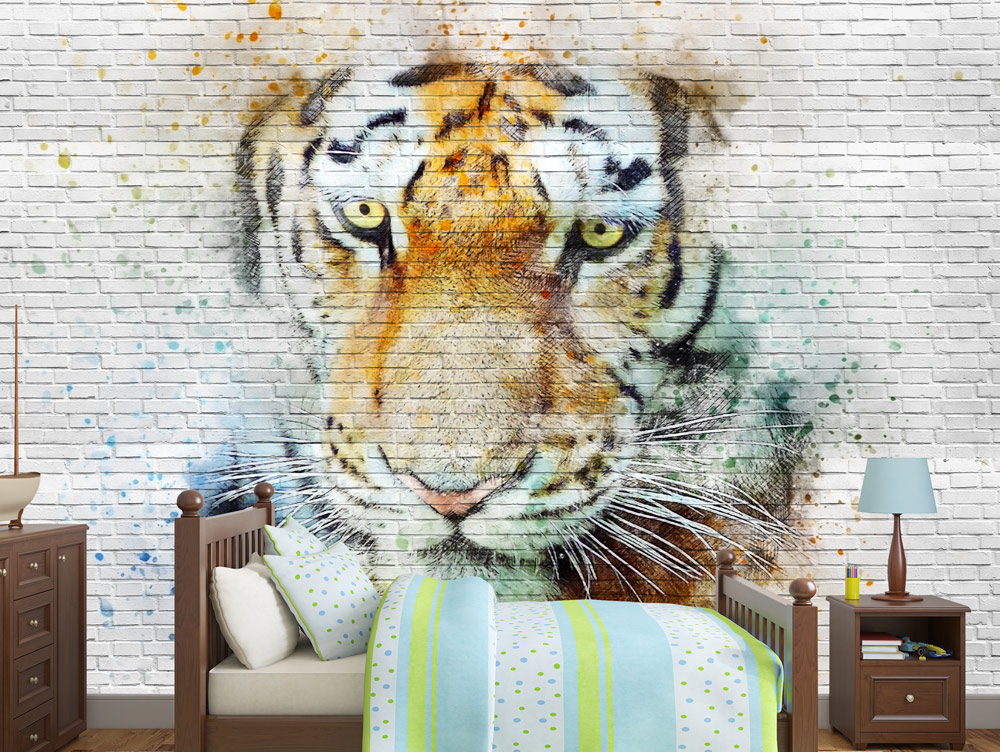Wallpaper - Tiger graffiti on a brick wall