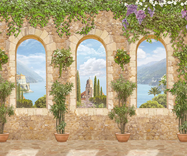 Wallpaper - stone-style windows with a beautiful view