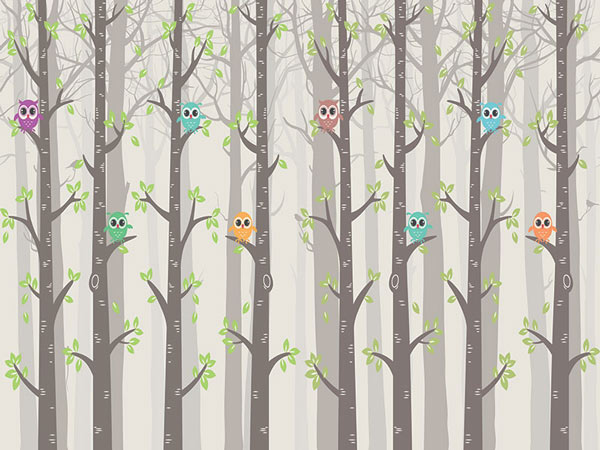 Wallpaper - forest and colorful little birds