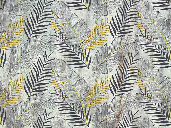 Wallpaper - Decorated leaves gray and gold