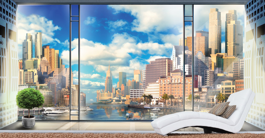 Wallpaper | Large glass window and city views