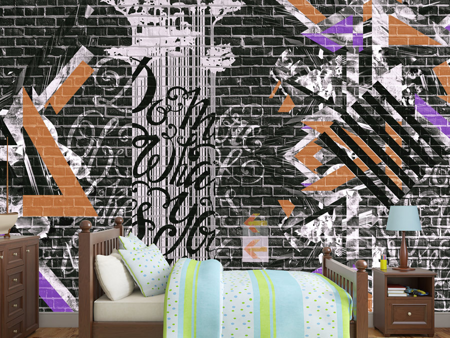Wallpaper | Orange black graffiti brick wall