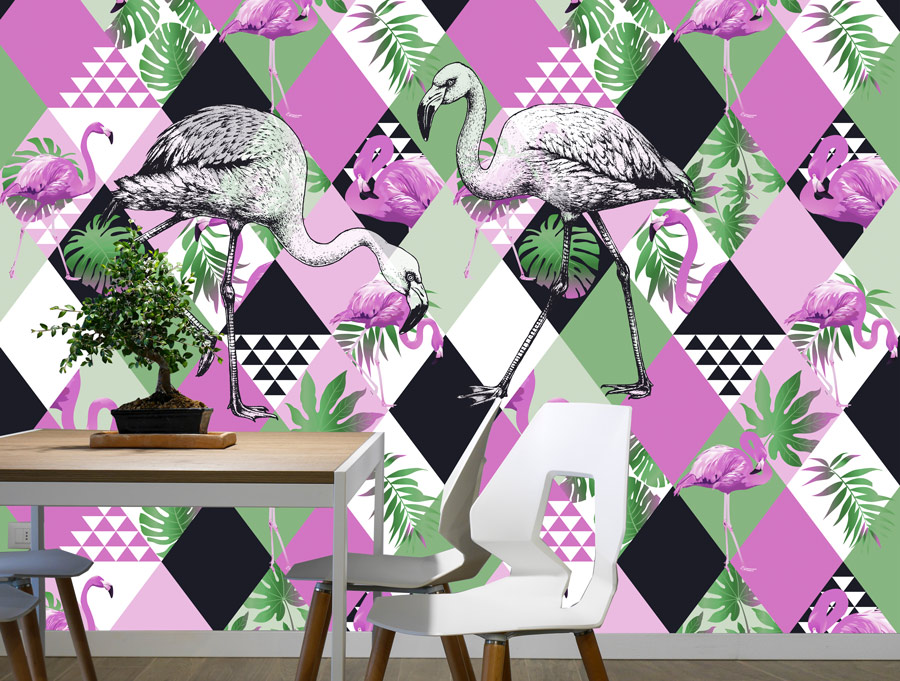 Wallpaper | Abstract green pink flamingo design