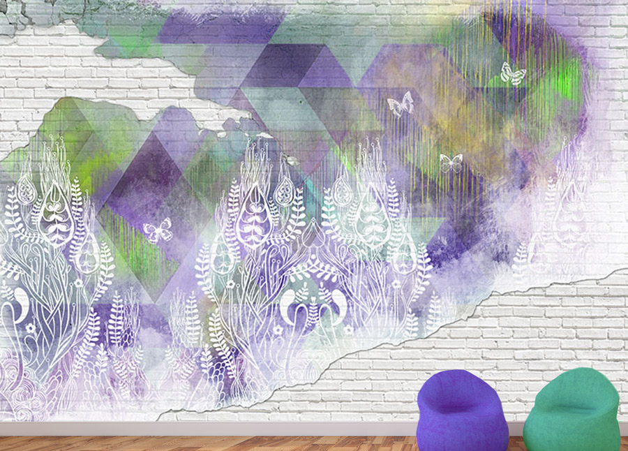 Wallpaper | Abstract brick wall design purple green