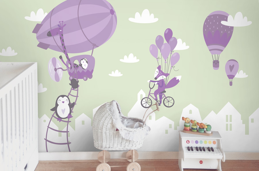 Wallpaper | Penguins and fox on air balloons green and purple
