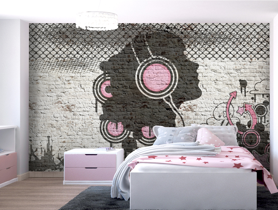 Wallpaper | Pink headphones brick wall