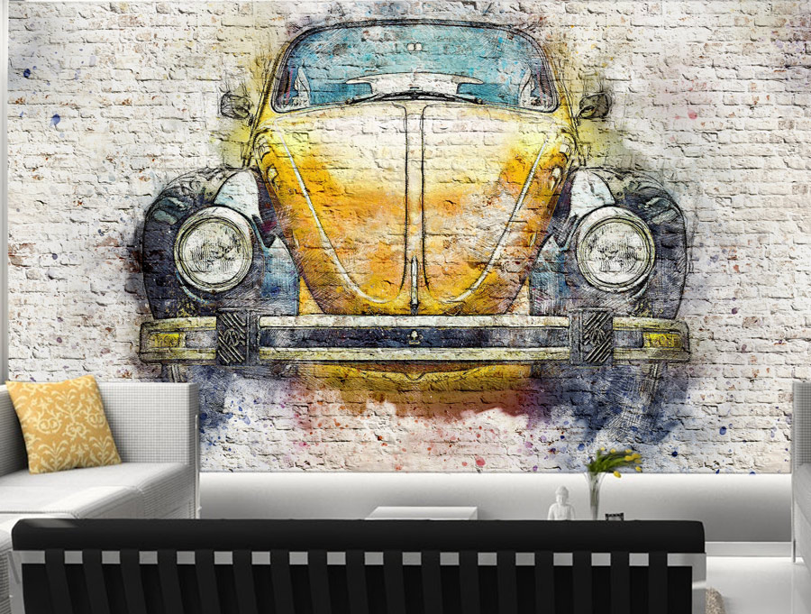 Wallpaper | Old yellow car on brick wall