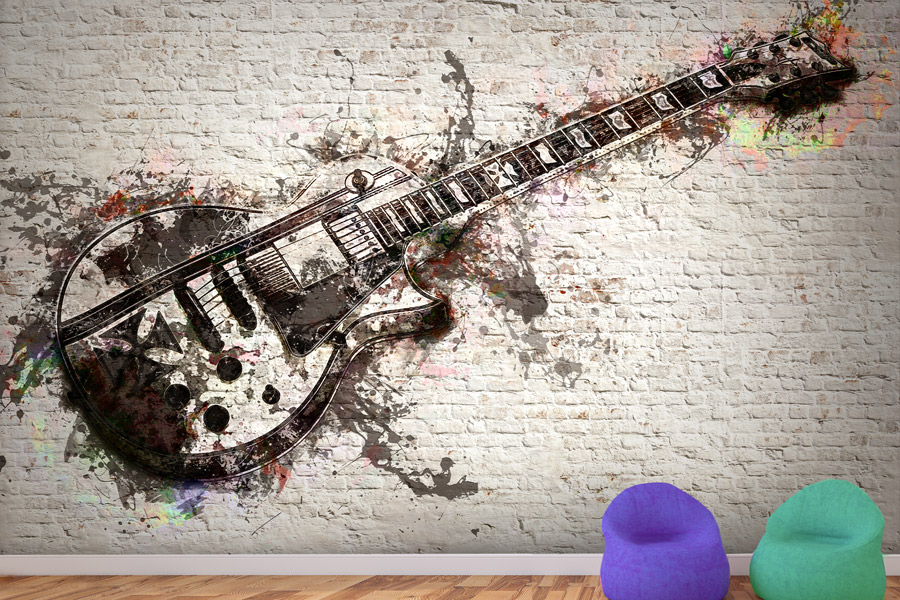 Wallpaper | Guitar brick wall fire