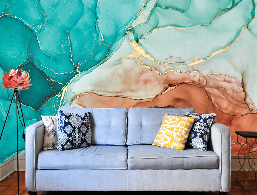 Wallpaper | Turquoise and orange luxurious marble