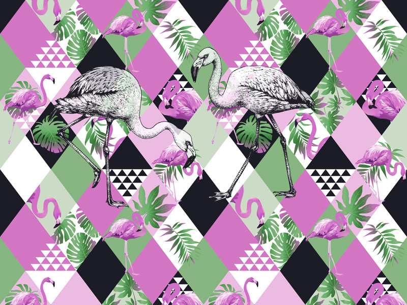 Wallpaper | Abstract green pink flamingo design