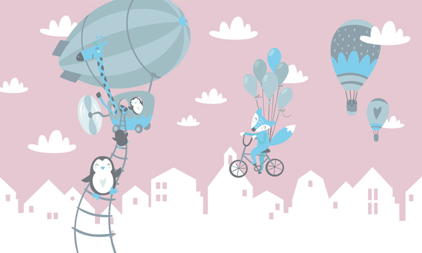 Wallpaper | Penguins and fox on air balloons