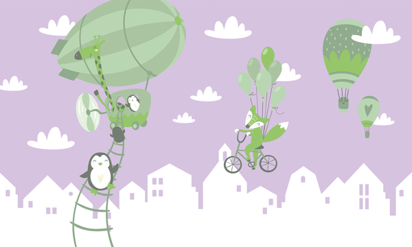 Wallpaper | Penguins and fox on air balloons purple