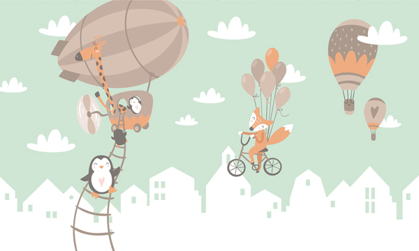 Wallpaper | Penguins and fox on air balloons orange green