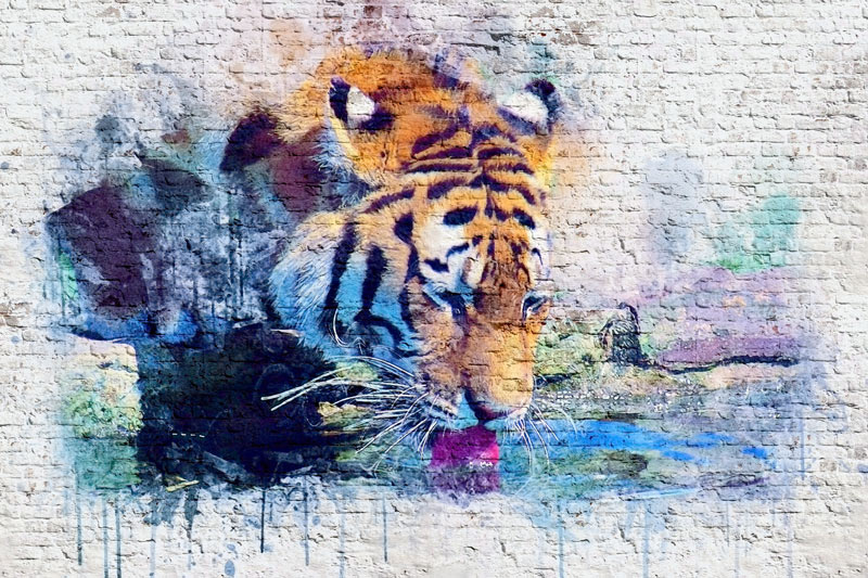 Wallpaper | Tiger drinking brick wall