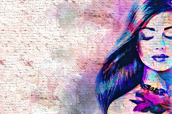 Wallpaper | Purpe bluw woman on brick wall