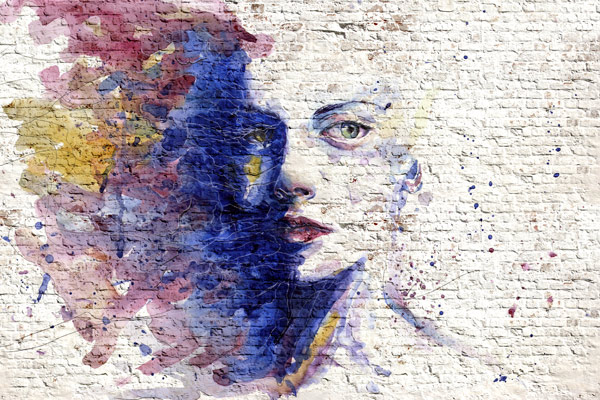 Wallpaper | Painted blue woman on brick wall